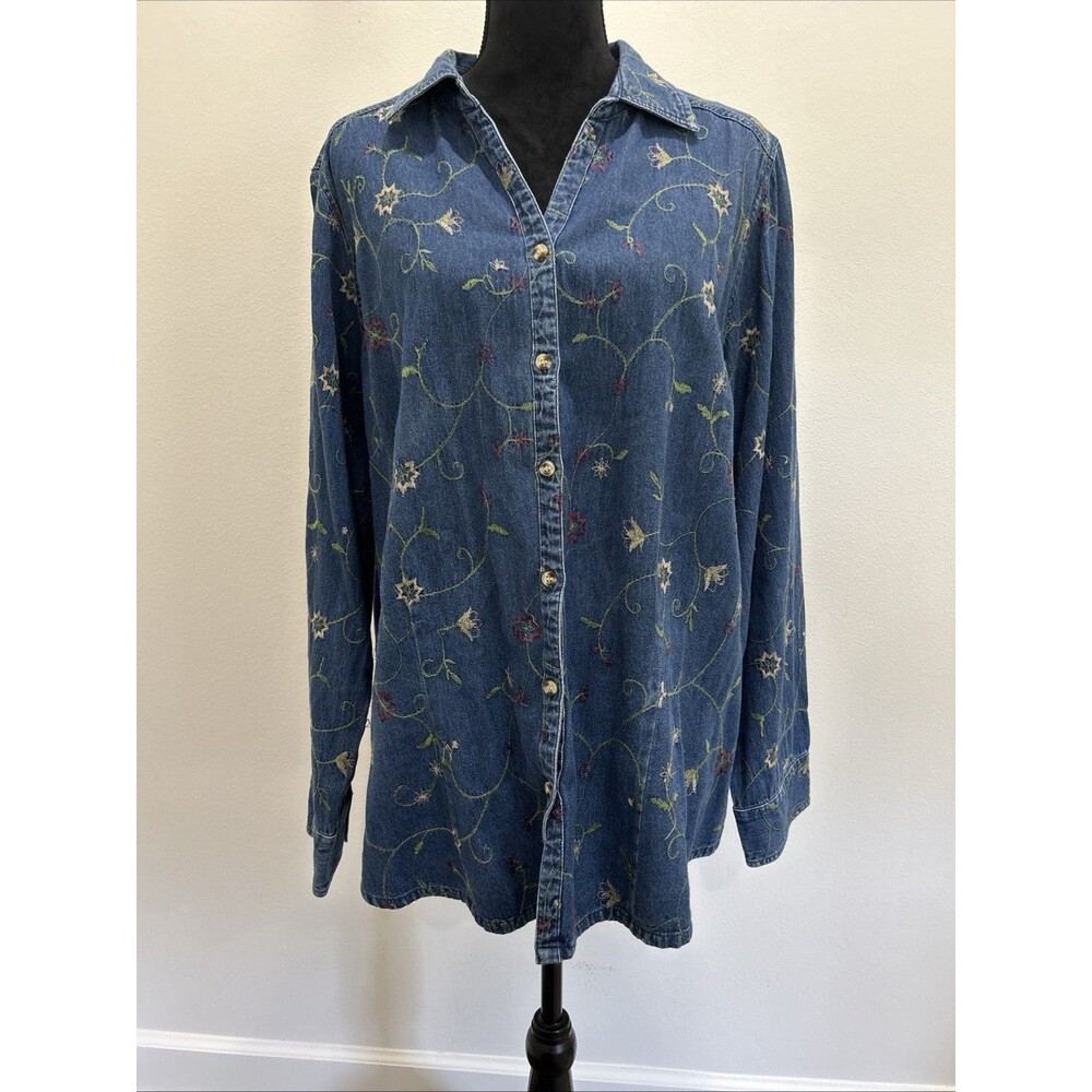 Vintage Passports Womens Sz 2X Denim Top V Neck Button Up Long Sleeve